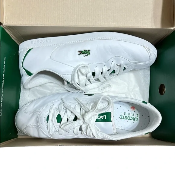 181. 🐊Lacoste White lace up Sneakers with Green Details mens size 12